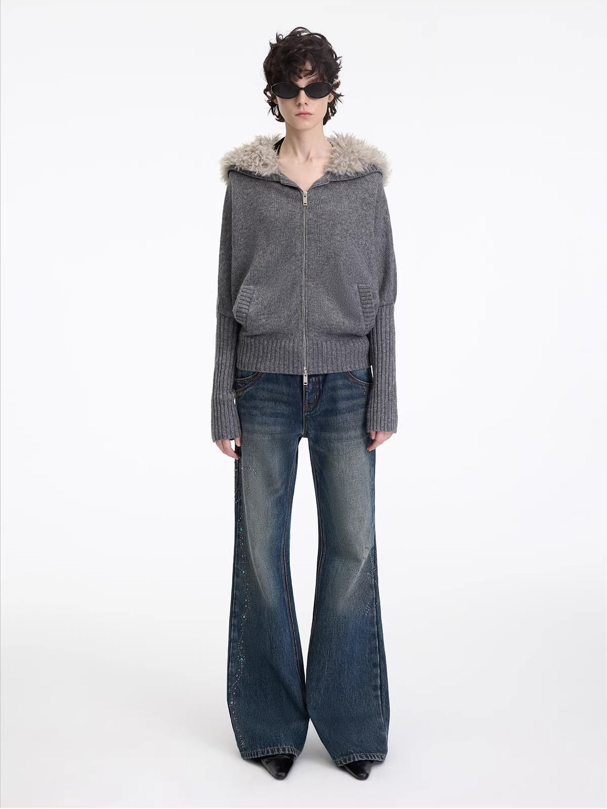 Hooded Fur Collar Knit Cardigan