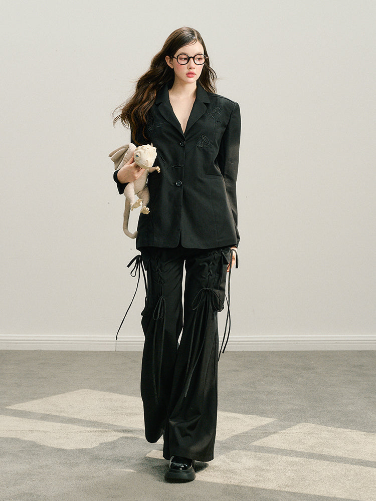 Black & Ivory White Tie-Waist Wide-Leg Pants