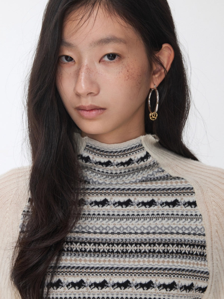 Fair Isle Turtleneck Raglan Sleeve Colorblock Knit Base Layer