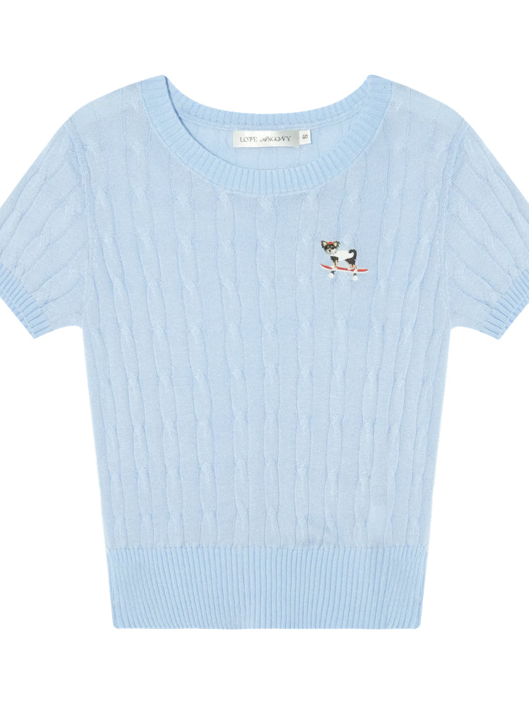 Puppy Embroidered Regular-shoulder Twist Knit T-shirt