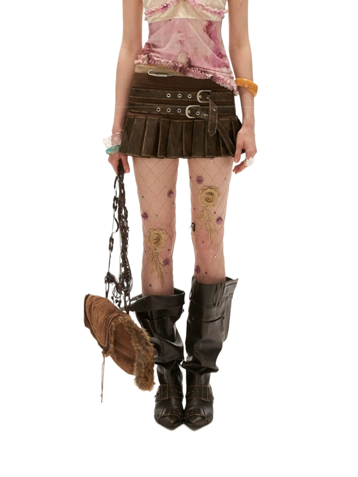Distressed Low-Rise Pleated Mini Skirt