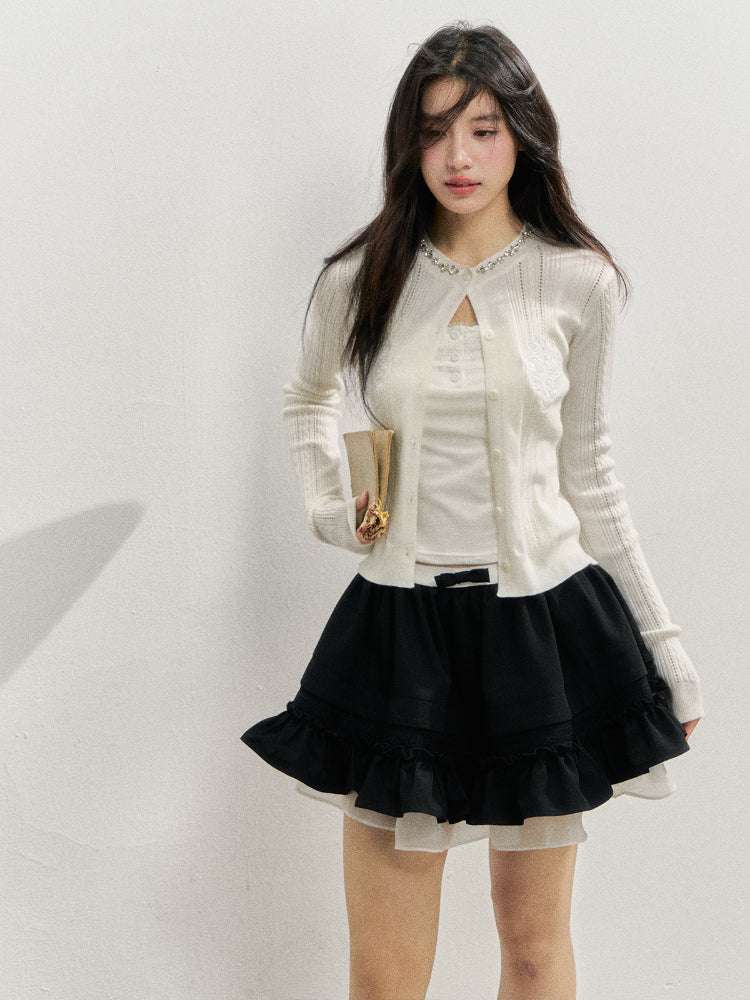 Handmade Rhinestone Collar Rose-Embroidered Knitted Cardigan