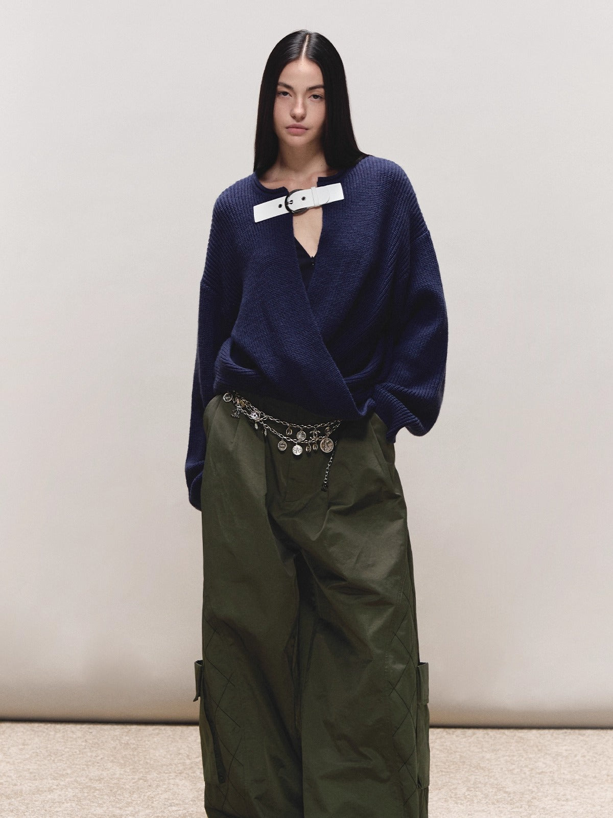 Wool V-Neck Buckle-Panel Sweater