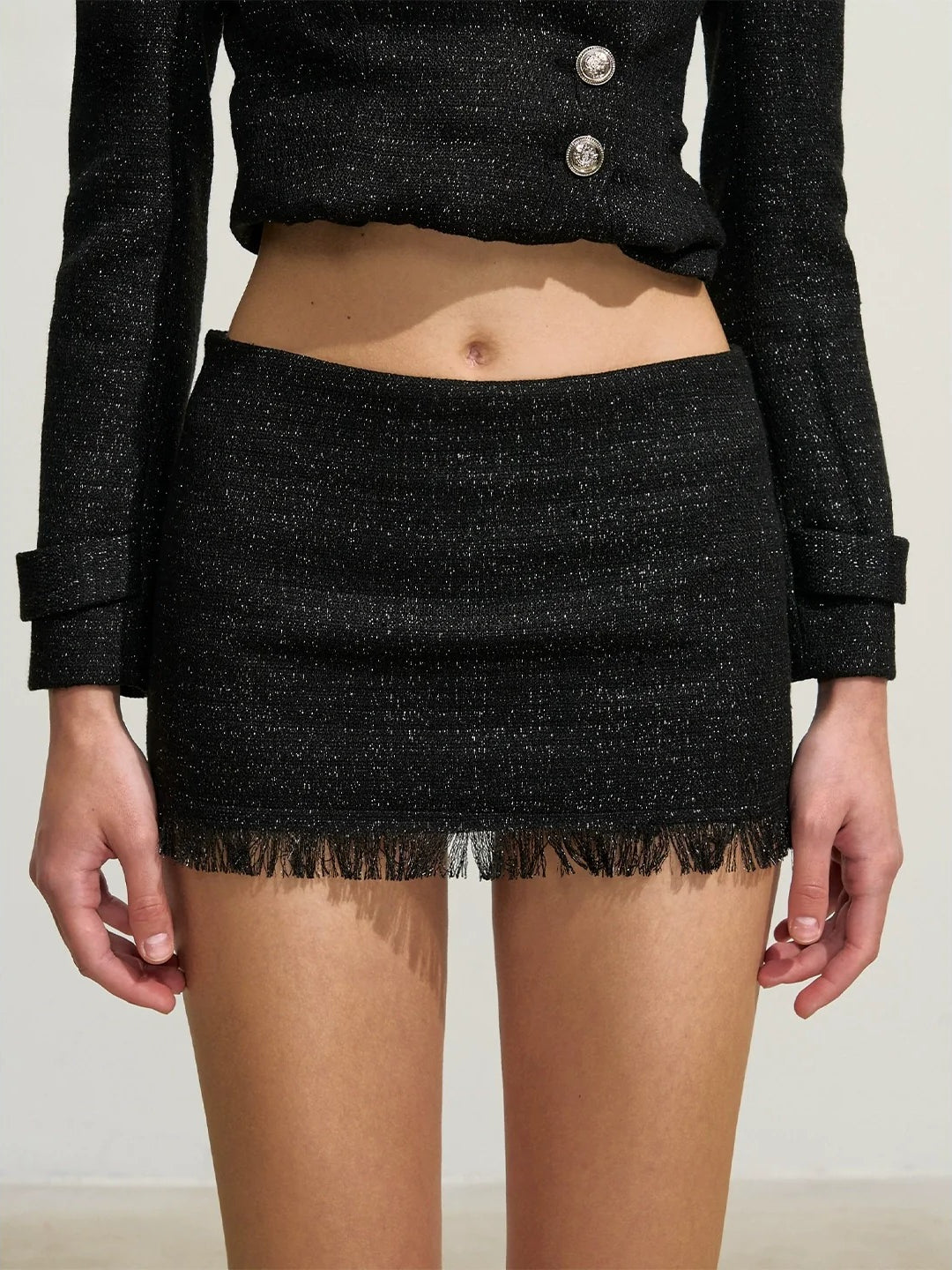 Shimmery Tweed Waist Jacket & Fringe Hem Skirt Set