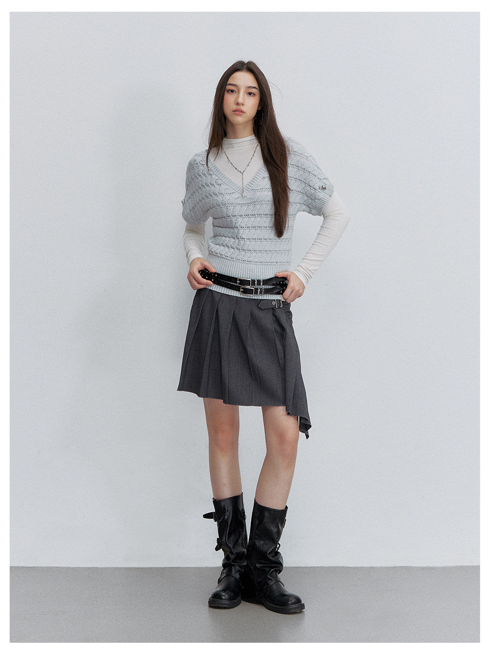 Pleated Buckle Mini Skirt