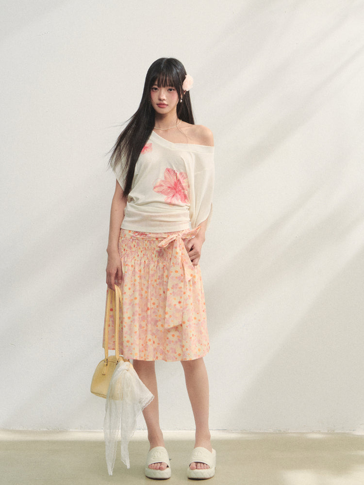 Floral V-Neck Bat-Sleeve T-Shirt