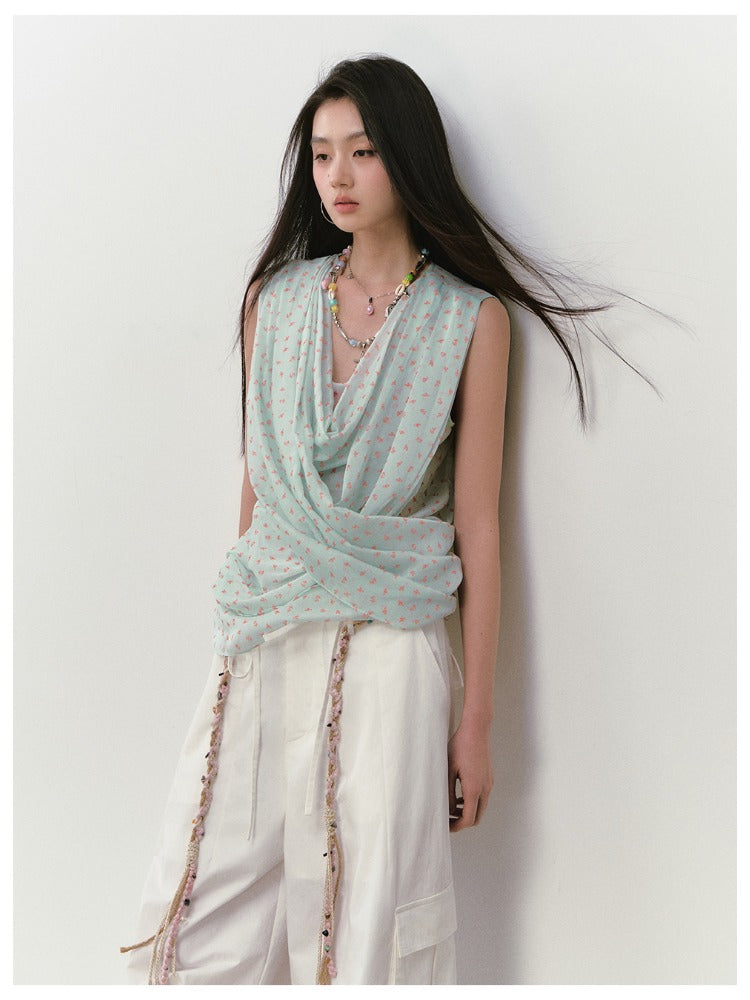 Small Floral Cowl Neck Sleeveless Tank Top