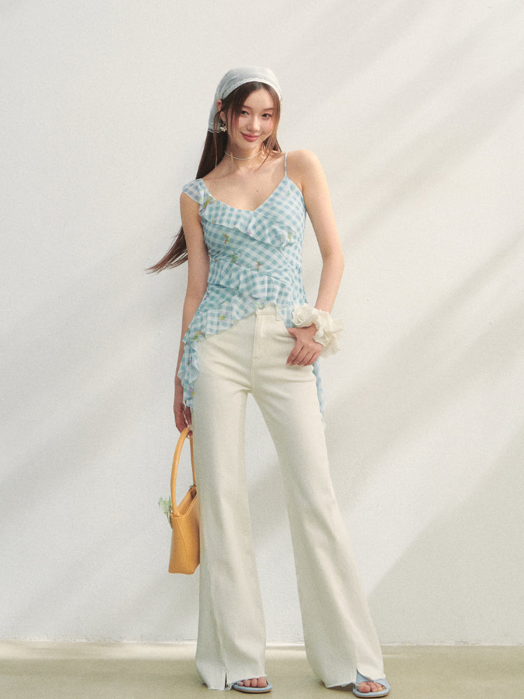 Blue Checkered Ruffled Print Slip Top