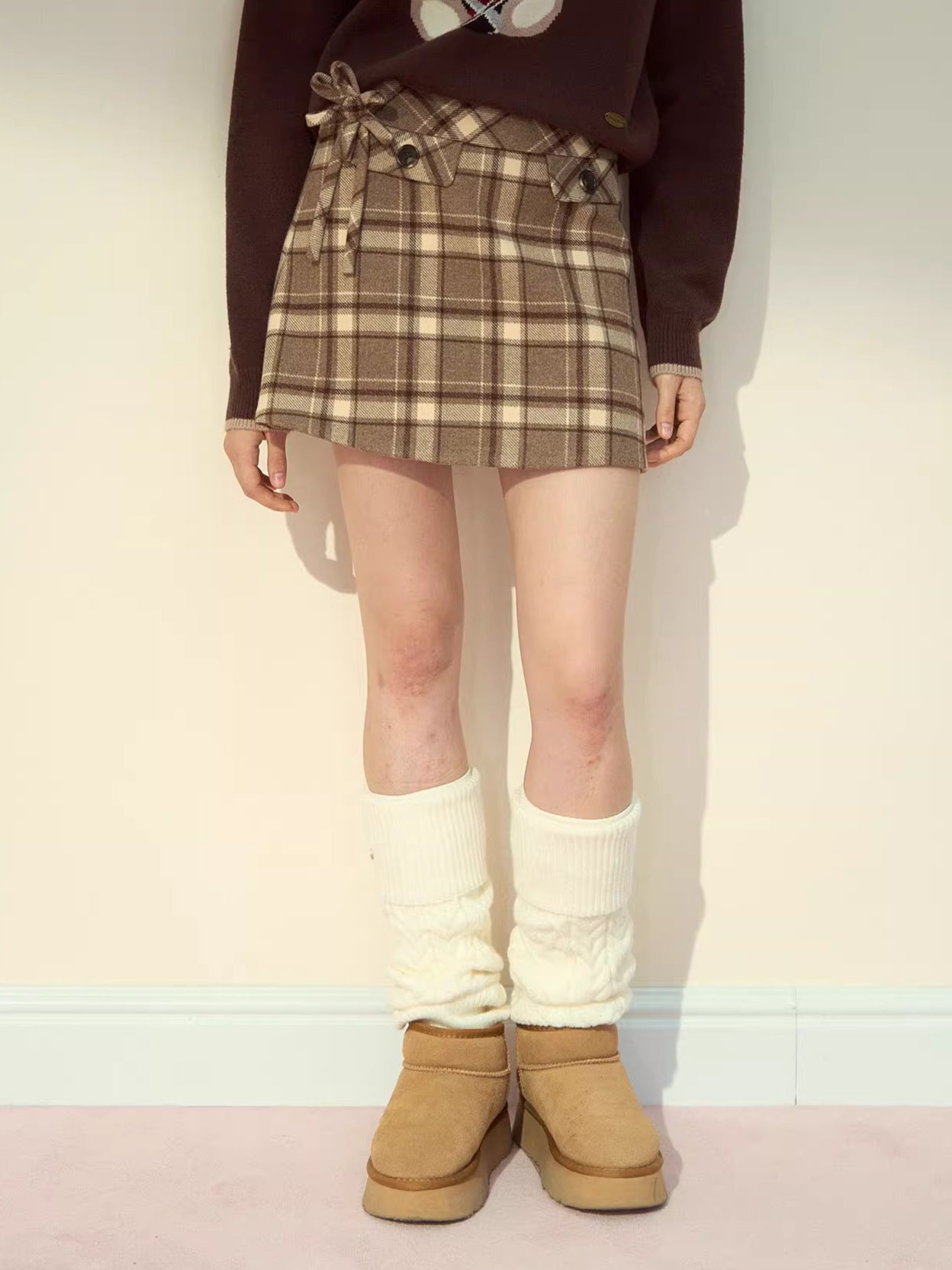Pink & Brown Plaid A-line Wool Skirt