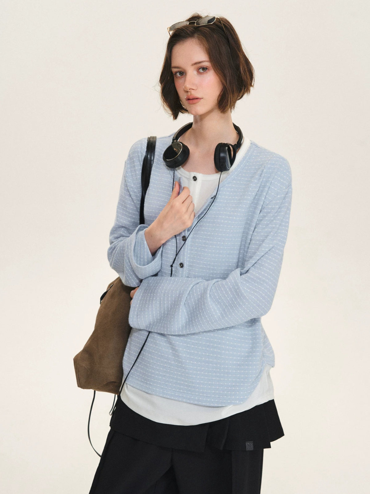 Layered Striped Henley Ruched Top