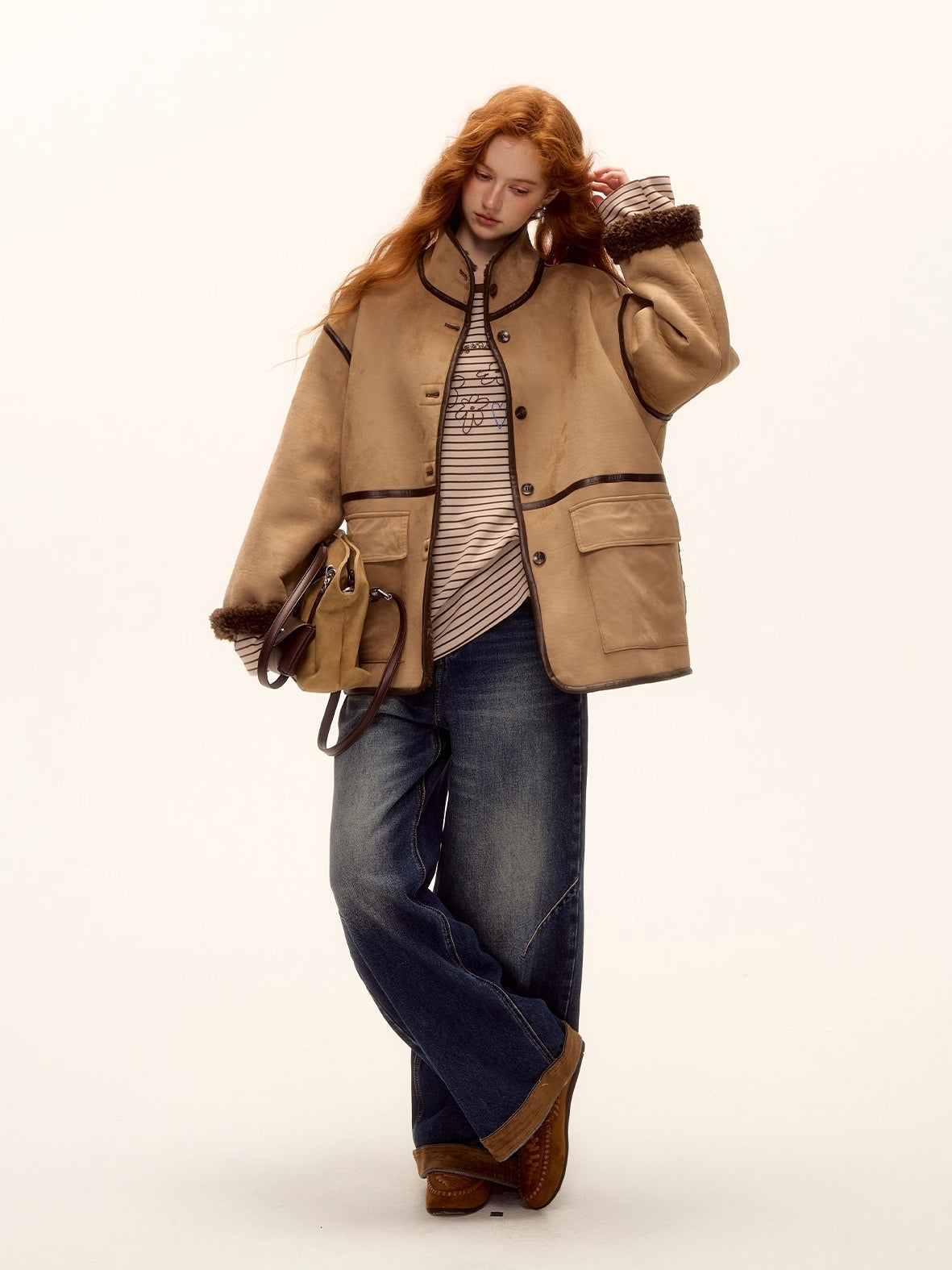 Suede Patchwork Cat-Whisker Wide-Leg Jeans