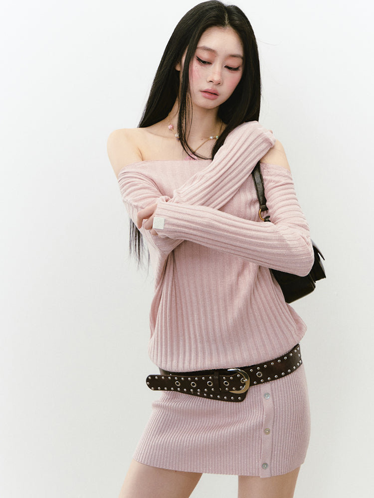 Off-Shoulder Slant Shoulder Button Dress