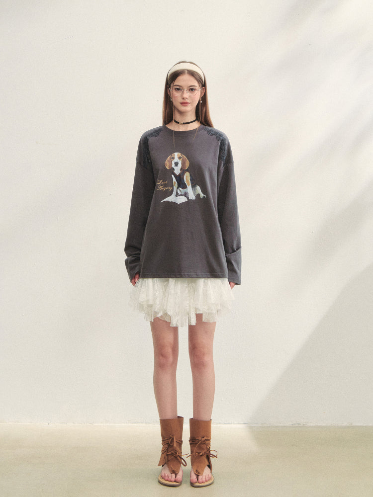 Lace Panel Dog Print Crew Neck Tee
