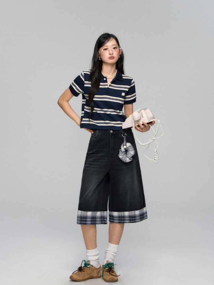 Polo-Collar Striped Color-Blocking T-shirt