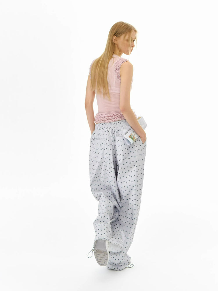 Grey Floral Wide-Leg Pants