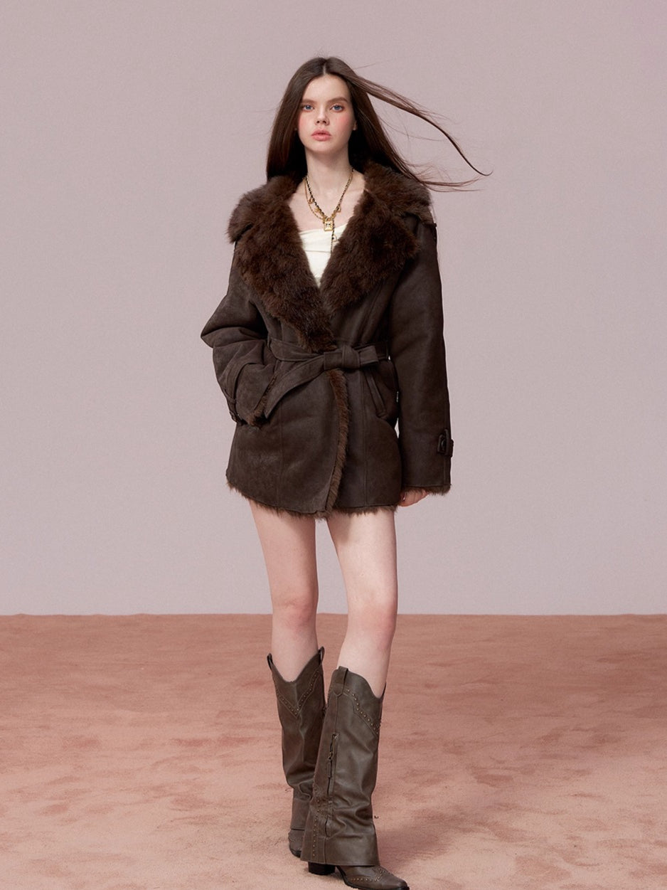 Faux Shearling-Lined PU Belted Coat