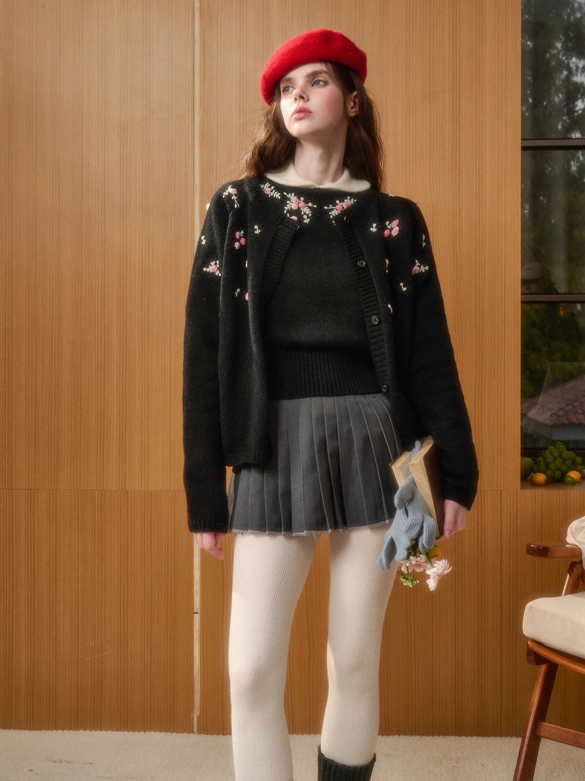 Hand-Embroidered Peter-Pan Collar Knit Top