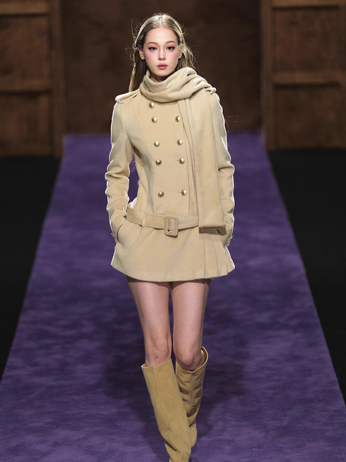 Wool Scarf-Collar Double-Breasted Dress