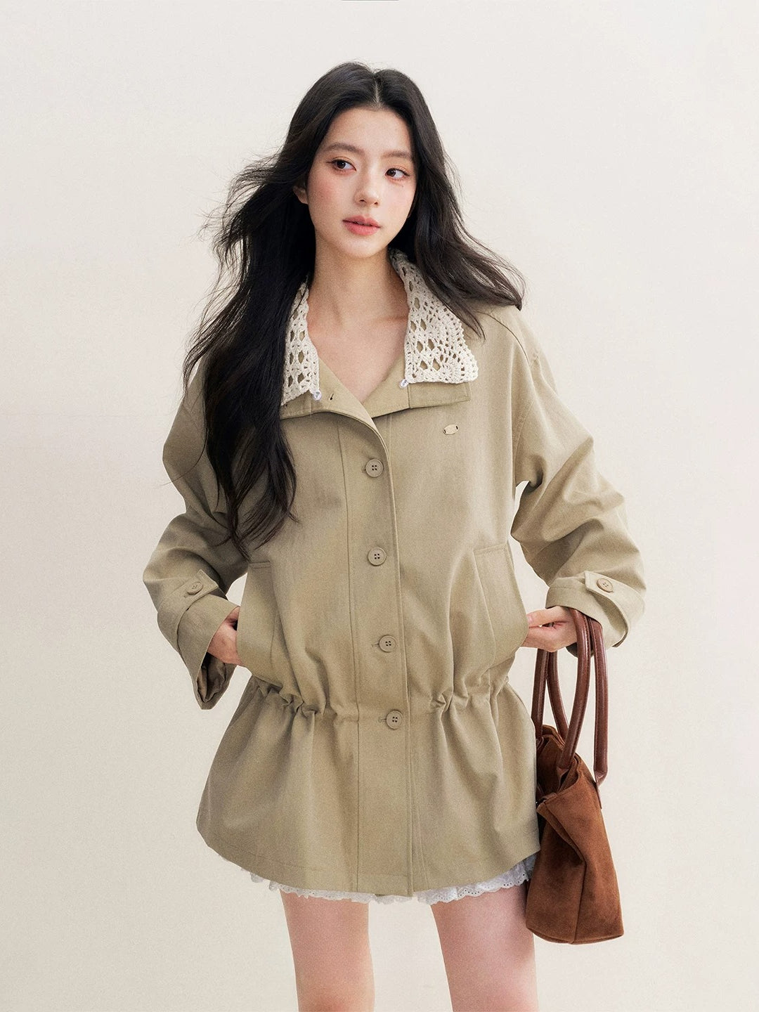Crochet Collar Drawstring Coat