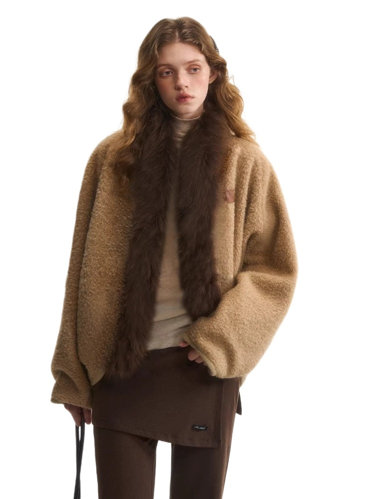 Camel Wool Fur Collar Cape Jacket