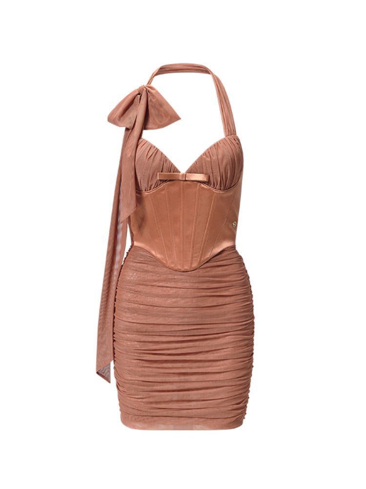 Bow Tie Ruched Fishbone Waist Cinch Dress