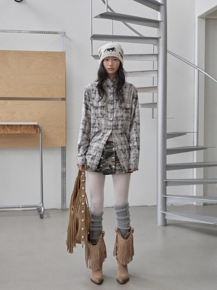 Washed Plaid Frayed-Edge Fitted Shirt