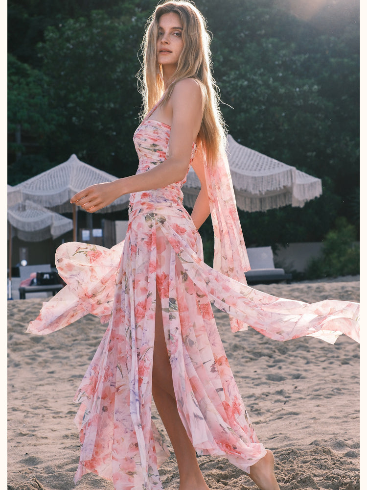 Floral-print Floral Ribbon Neckline Hollow-out Dress