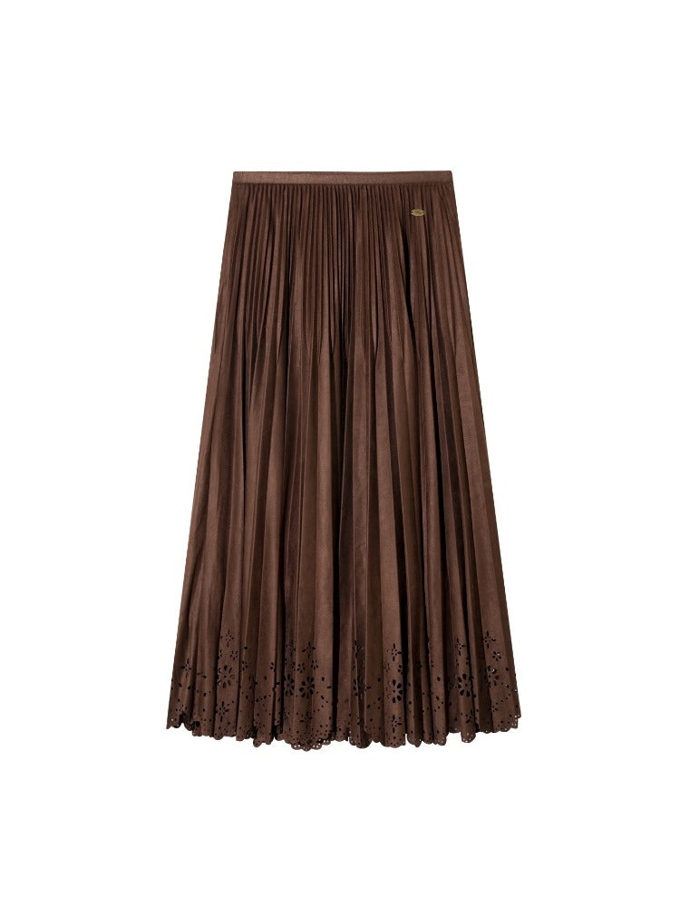 Eyelet Hem Suede Long Skirt