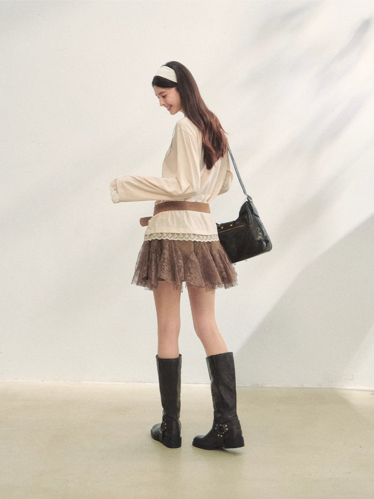 Lace Panel Animal Print Long-Sleeve Tee