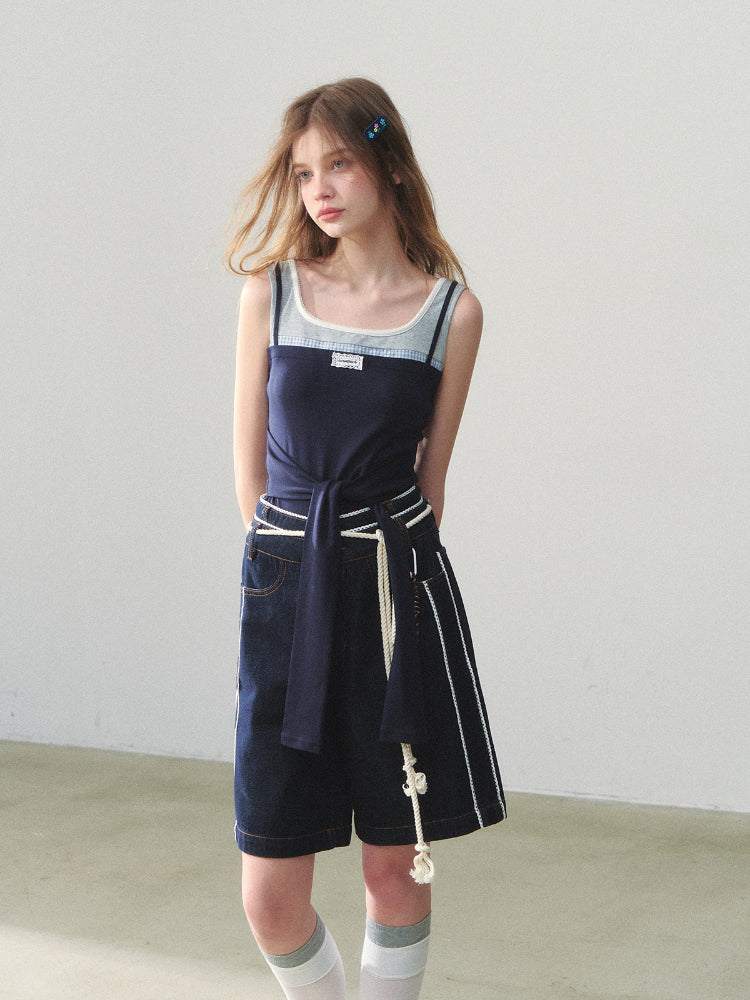 Lace-adorned Polka-dot Denim Capri Pants