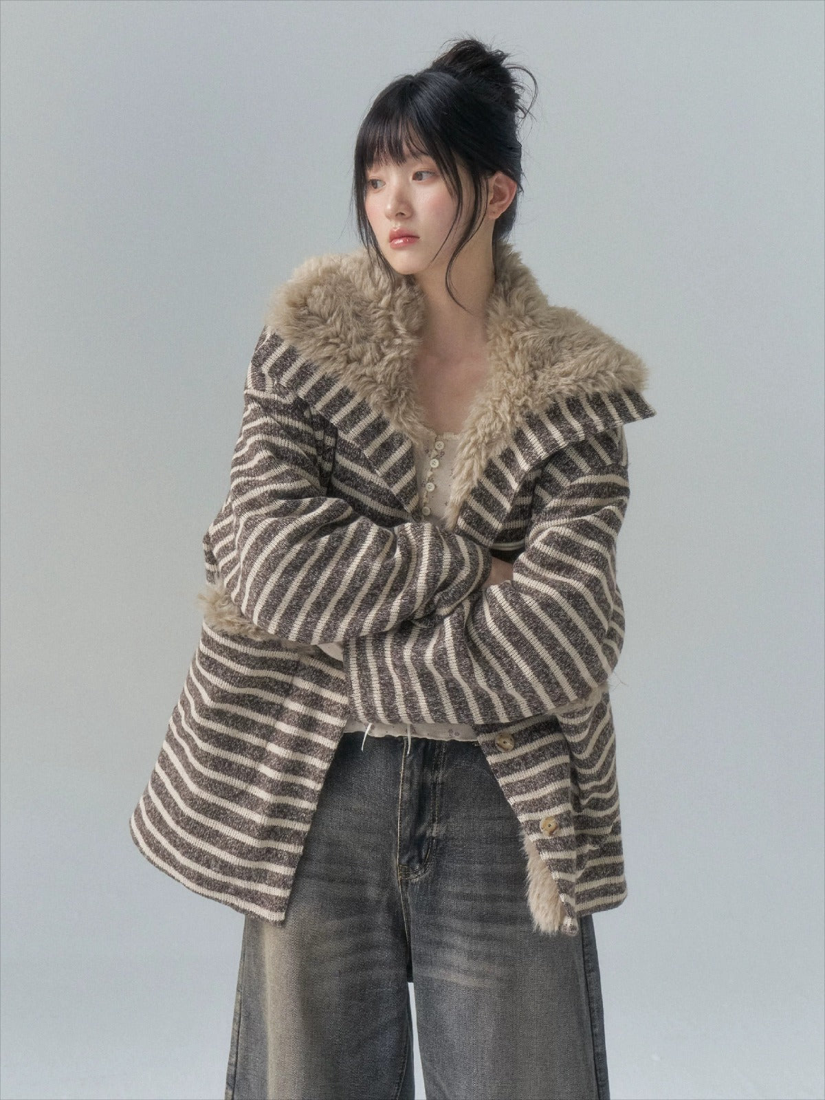 Striped Horn-Button Collar Coat