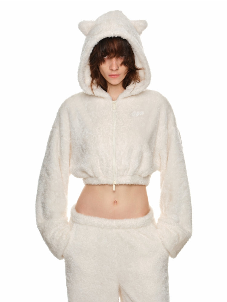 White & Brown Cat-Ear Hoodie Set