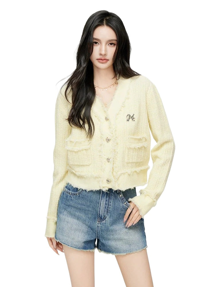 Milk Yellow & Gray V-Neck Knit Cardigan