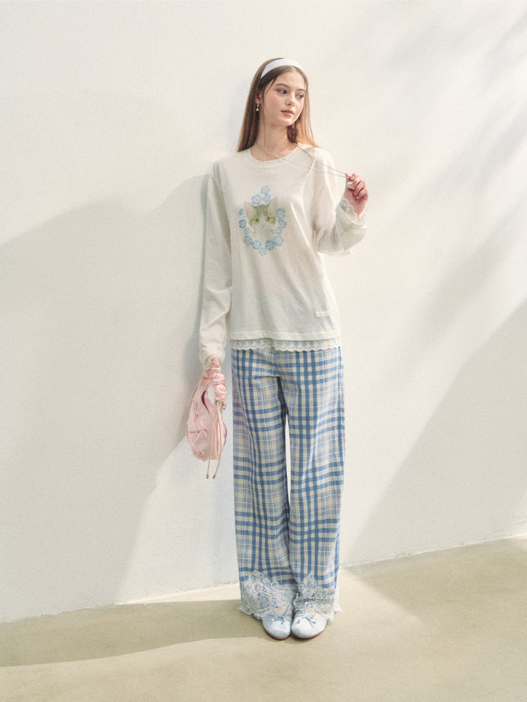 Lace Panel Animal Print Long-Sleeve Tee