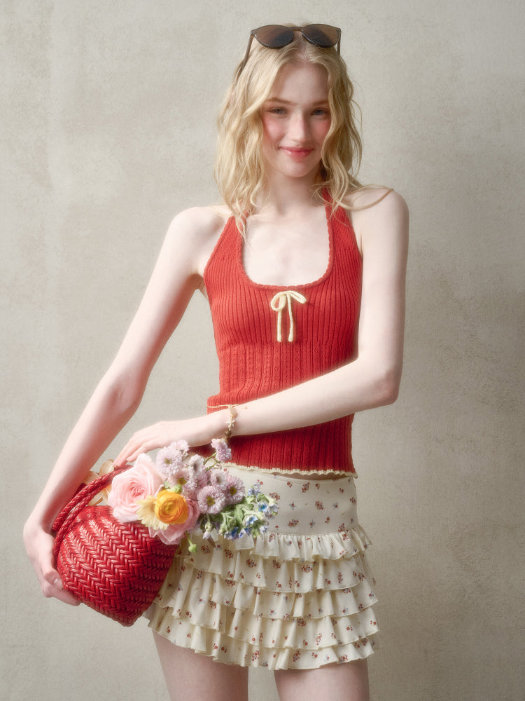 Hollow-out Color-blocking Knit Top