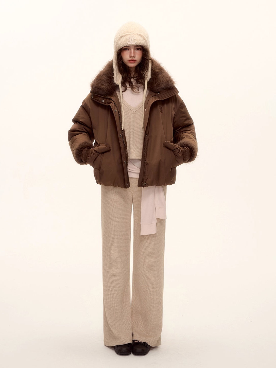 Detachable Fur Collar Short Down Jacket & Gloves Set