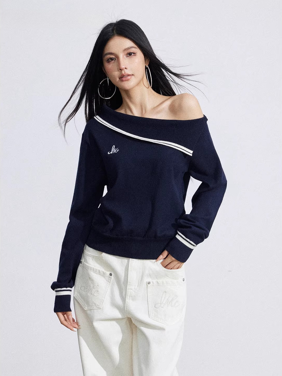Navy Blue Asymmetric Knit Top