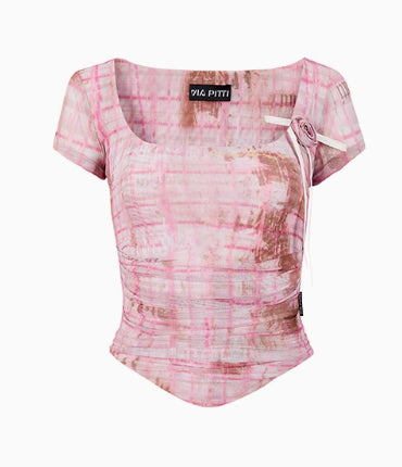 Pink & Yellow & Black Fitted Plaid Square Neck Top