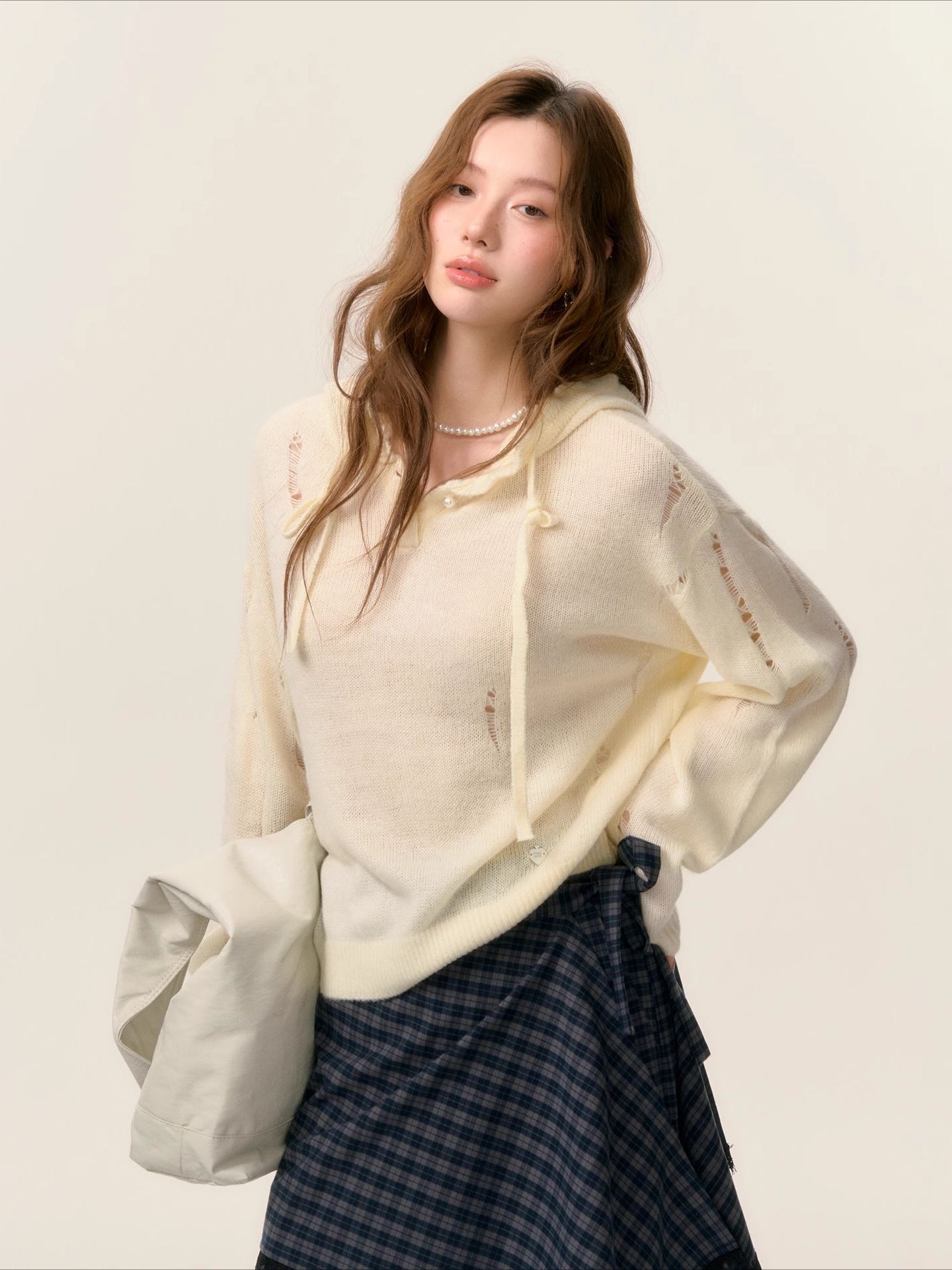 Ruffle‑Trim Hooded Pullover Sweater