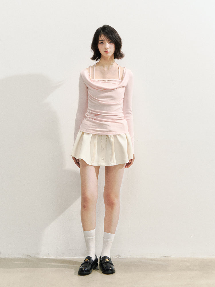 Beaded Halter Fake Two- Piece Long-Sleeve T-Shirt