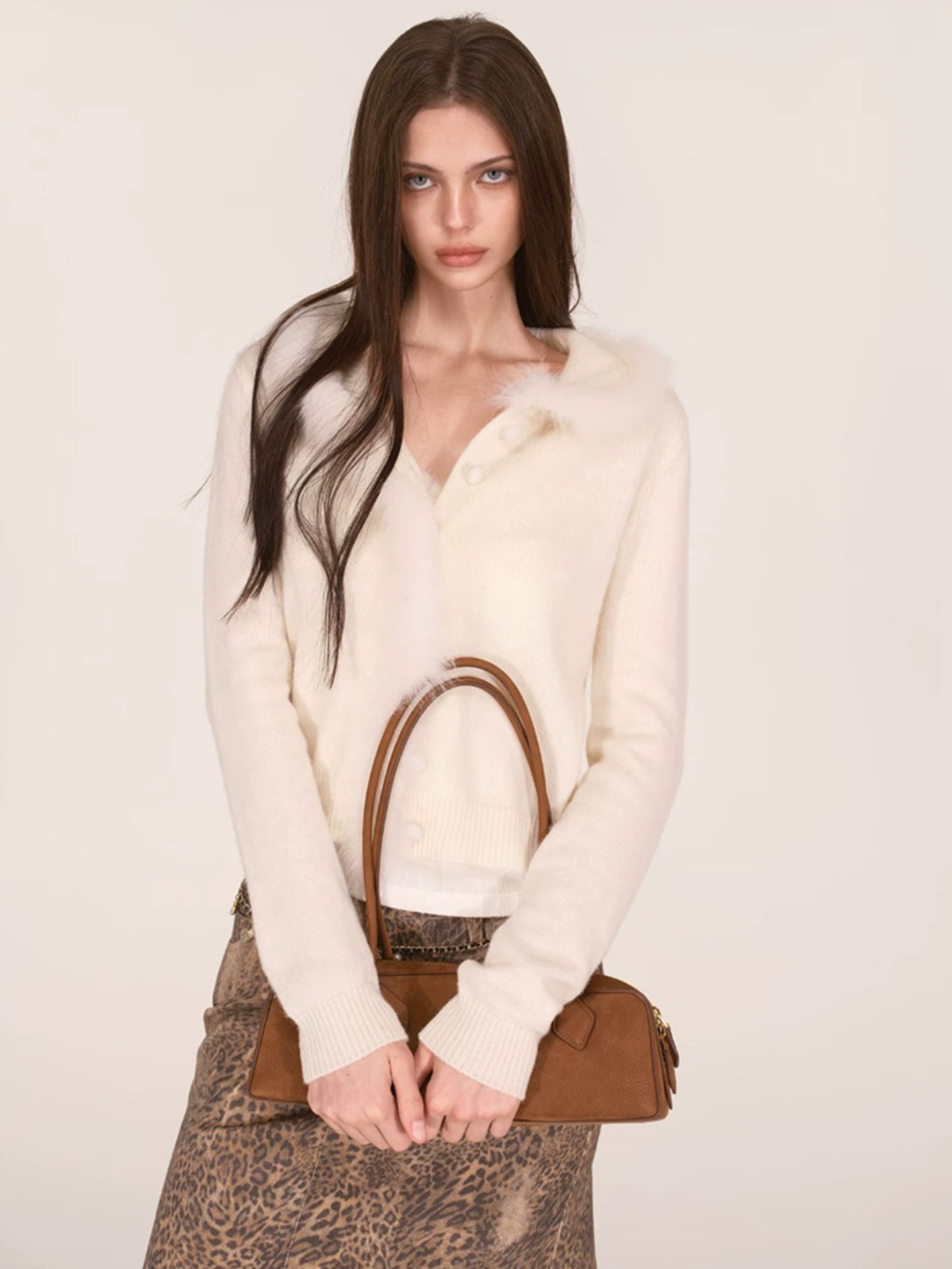 Fox Fur Trim Wool Cardigan