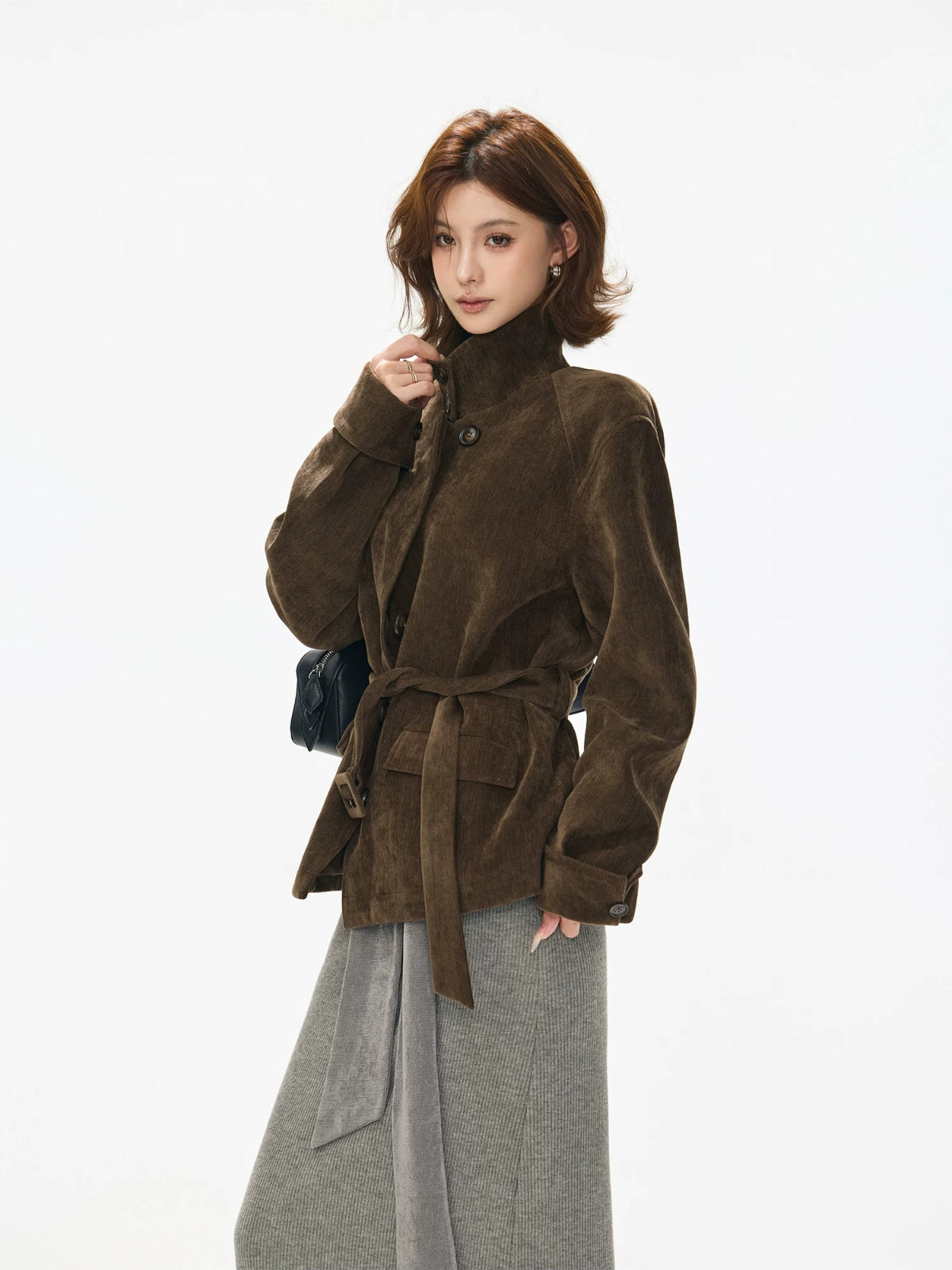 Vintage Stand Collar Belted Utility Jacket