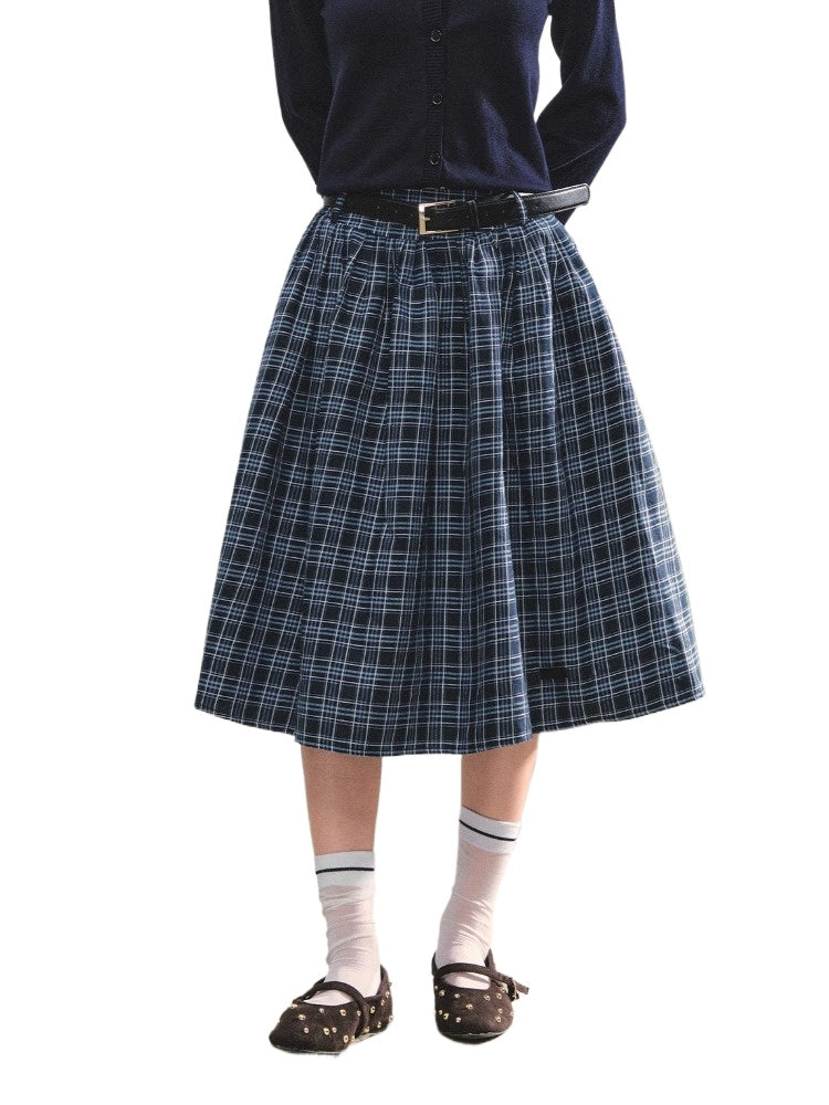 Blue Belted Plaid Skirt
