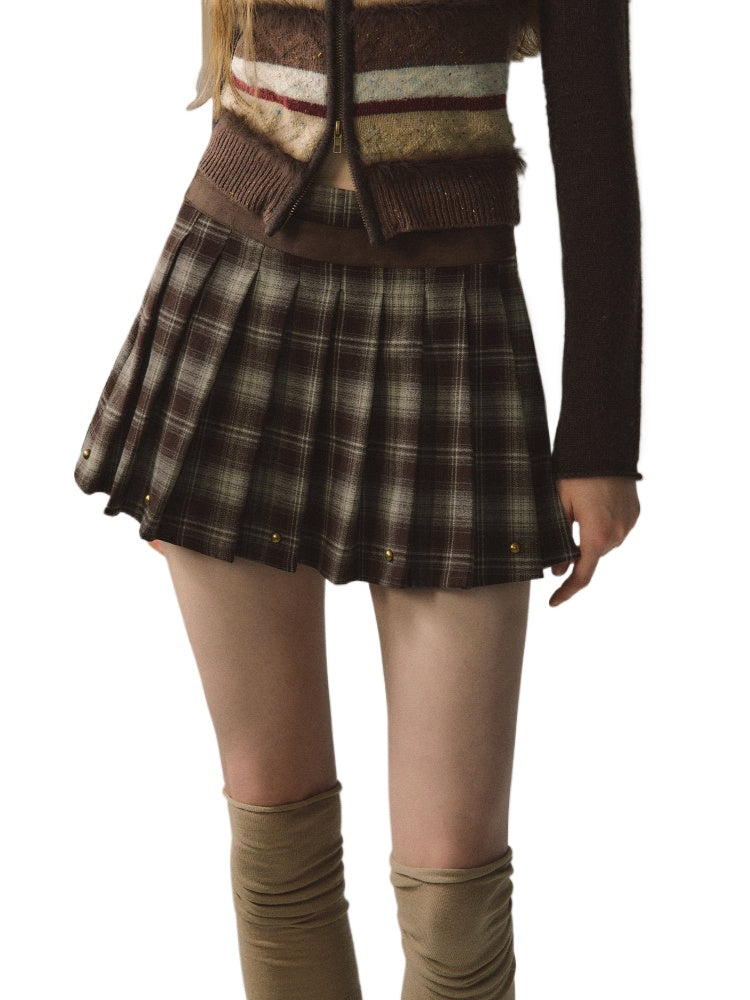 Red & Coffee Plaid Pleated Mini Skirt
