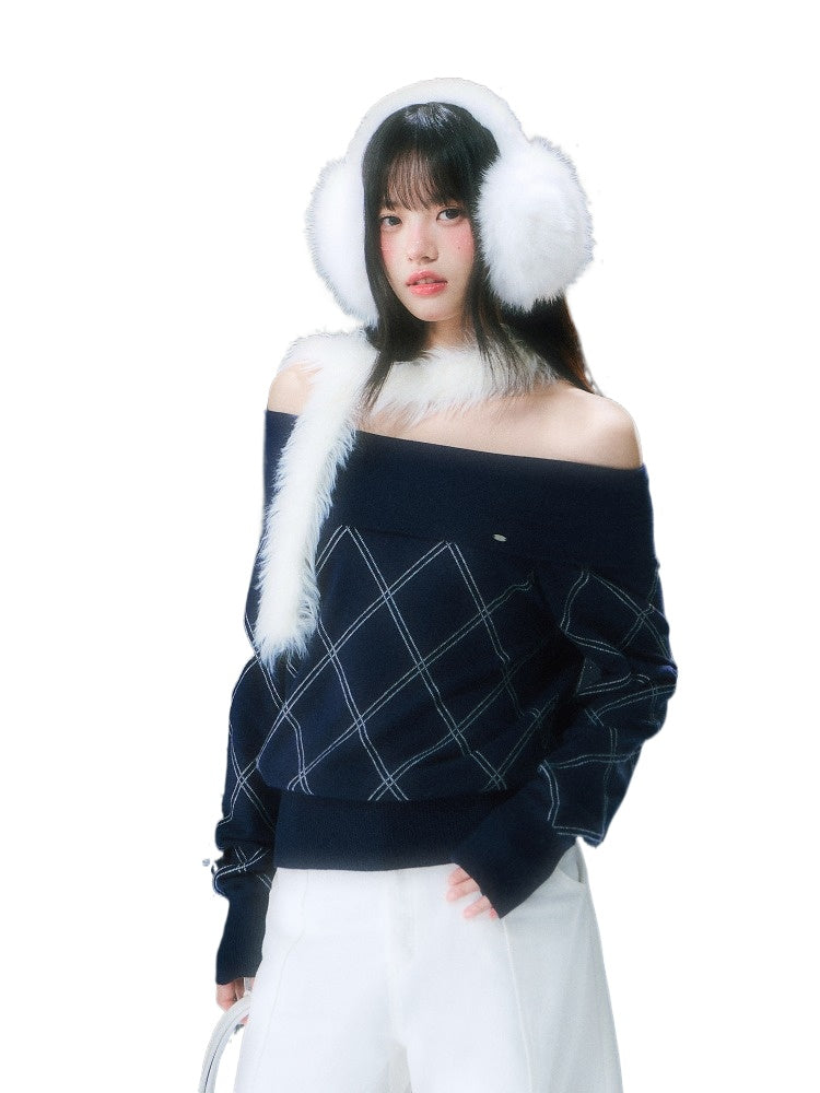 Navy Blue Off-shoulder Diamond-pattern Knit Sweater