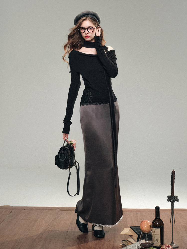 Lace Satin Midi Skirt