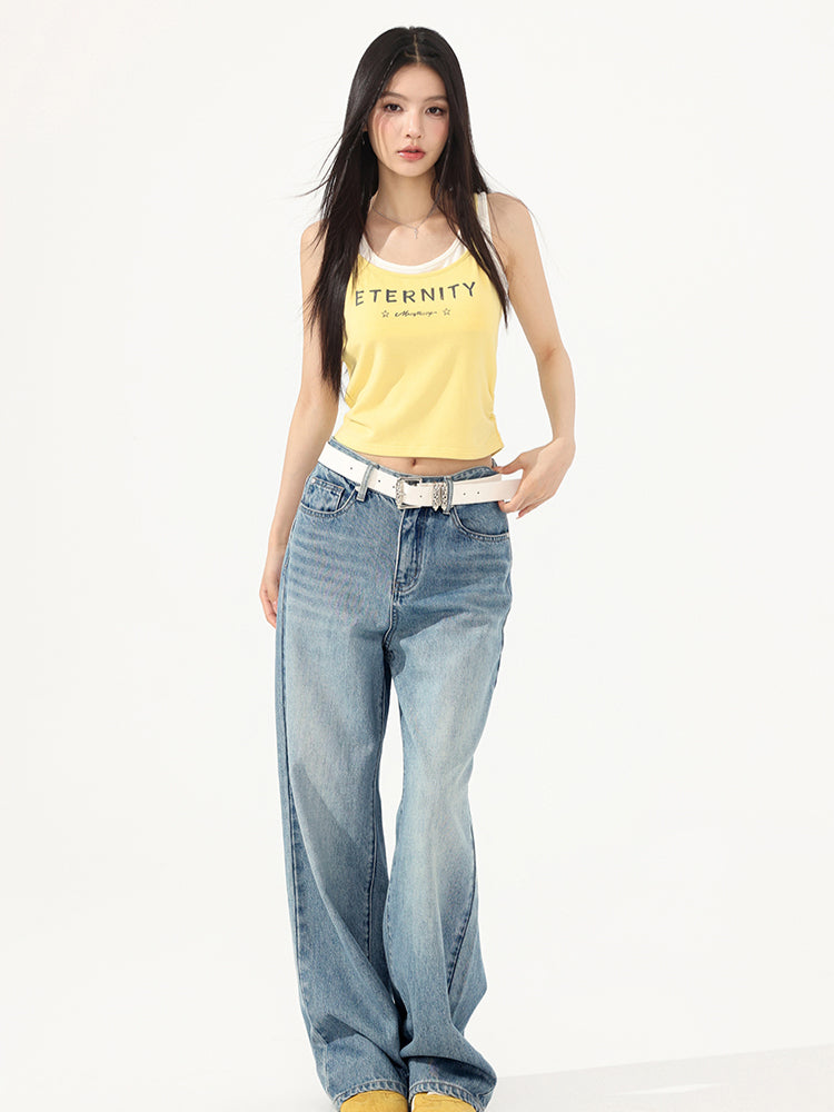 Fake Two-Piece Contrast-Color Spliced Tank Top