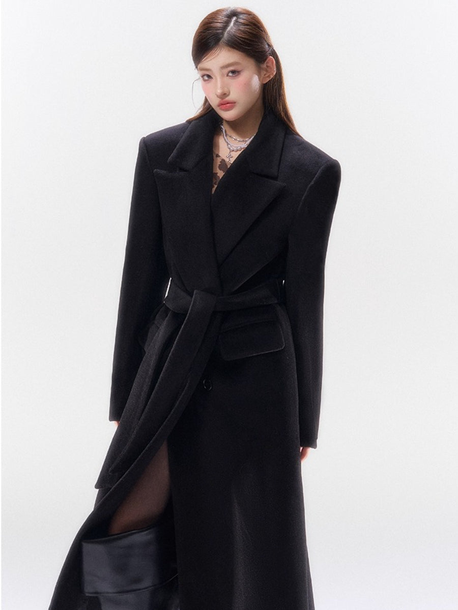 Hokkaido Wool-Blend Belted Lapel Long Coat