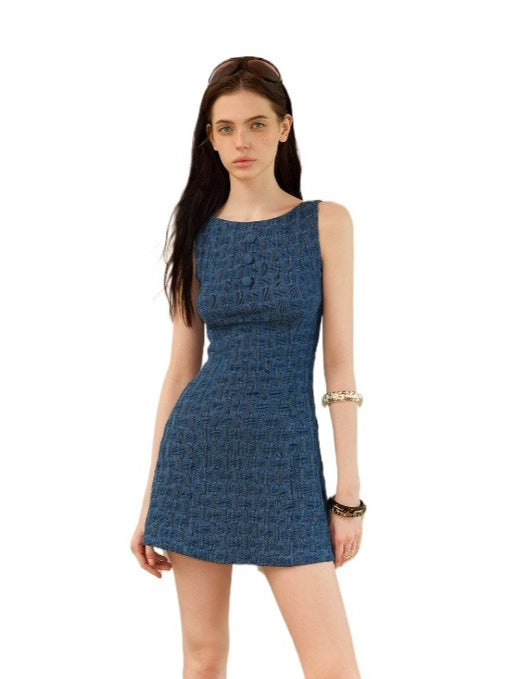 Textured Embroidered Denim Dress