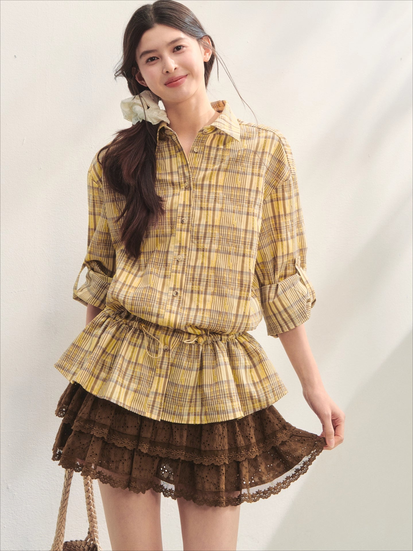 Ruffled Hem Waist-Cinching Checked Shirt